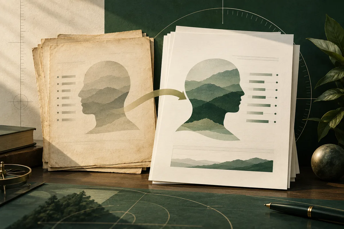 Overlapping report pages show profile silhouettes filled with layered green hills and rows of bars, against a circular scale backdrop. Books, a pen, leaves, and a globe sit around the pages.