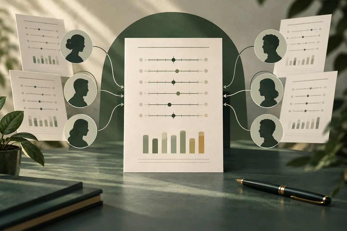 A central report sheet with horizontal dot scales and a bar chart, connected by arrows to six profile silhouettes and surrounding chart pages.