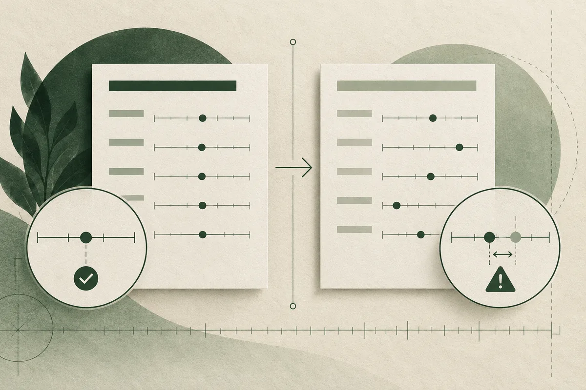 Two report-like pages with rows of green rating scales are linked by an arrow. Circular insets show a checked scale on the left and a shifted scale with a warning symbol on the right.