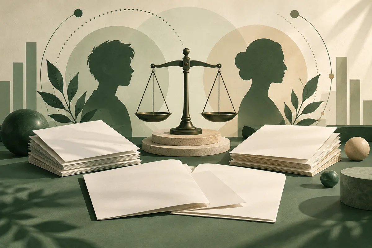 Two dark profile silhouettes flank a balance scale, with stacks of blank papers, leaves, and simple vertical bars on a green and cream background.