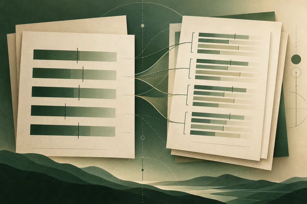 Overlapping cream report sheets display green bars and marker lines, with curved lines connecting the charts against a dark green geometric background.