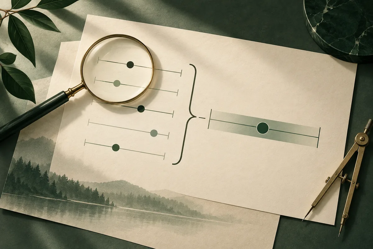 A magnifying glass rests over several unlabelled measurement lines on cream paper, with a brace grouping them beside a single scale; a forest landscape borders the page.