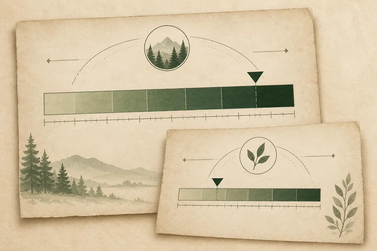 Two overlapping cream cards show green segmented scales with pointer markers; one has a forest and mountain illustration, and the other has a leaf motif.
