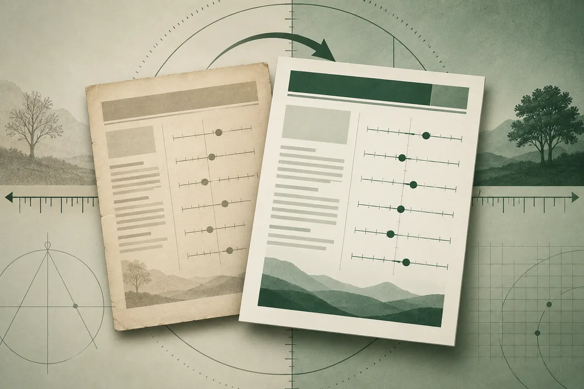 Two overlapping report sheets show rows of marked horizontal scales against a green background with rulers, circles, and tree silhouettes.