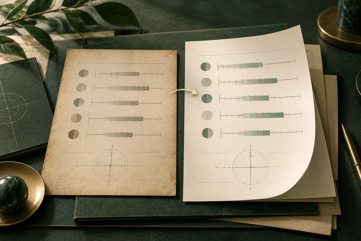Two report pages with rows of shaded scales and circular measurement diagrams; a small arrow points from the older, tan page toward the newer, white page.