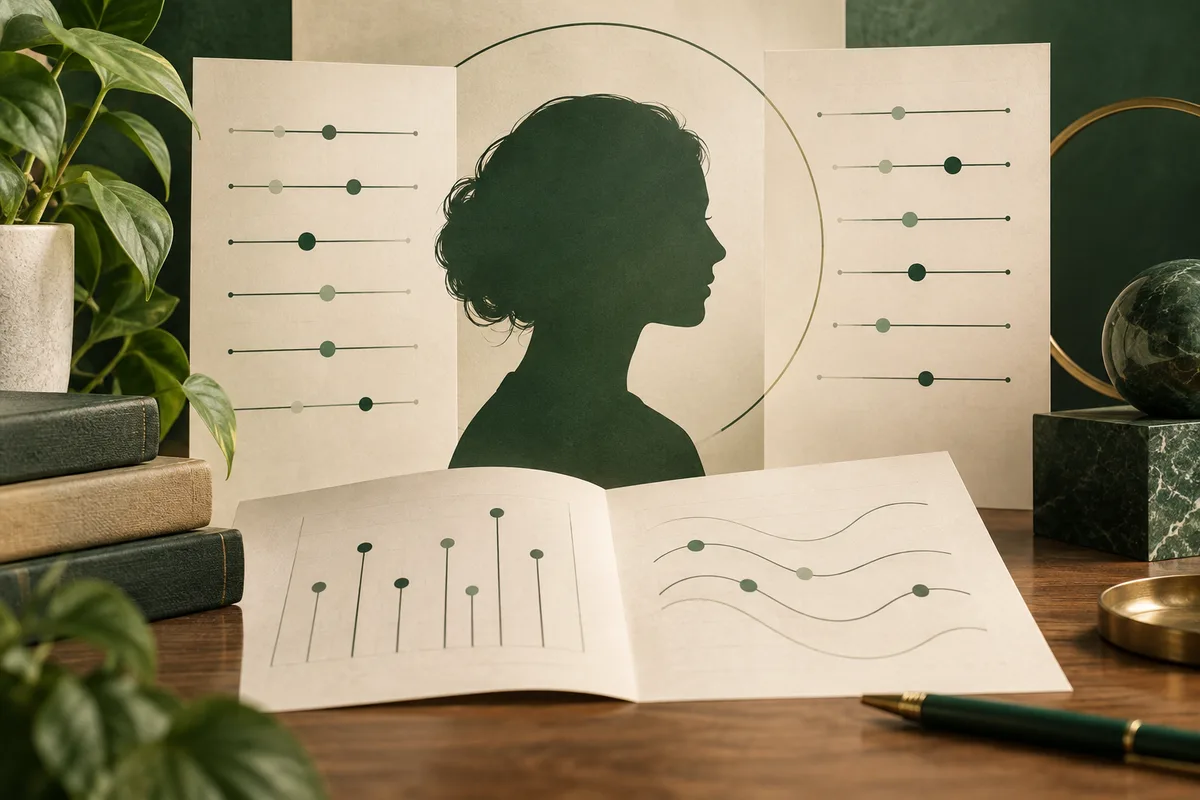 A dark green profile silhouette stands between panels of lines and dots. An open book with dot and wave diagrams lies on a desk beside stacked books, a plant, a globe, and a pen.