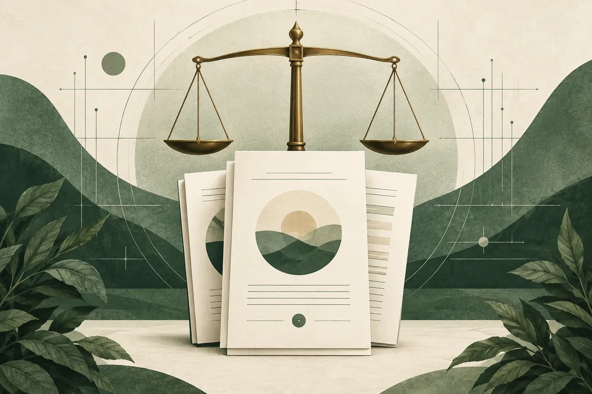 A stack of report pages beneath a balance scale, with green hills, leaves, and fine geometric lines in the background.