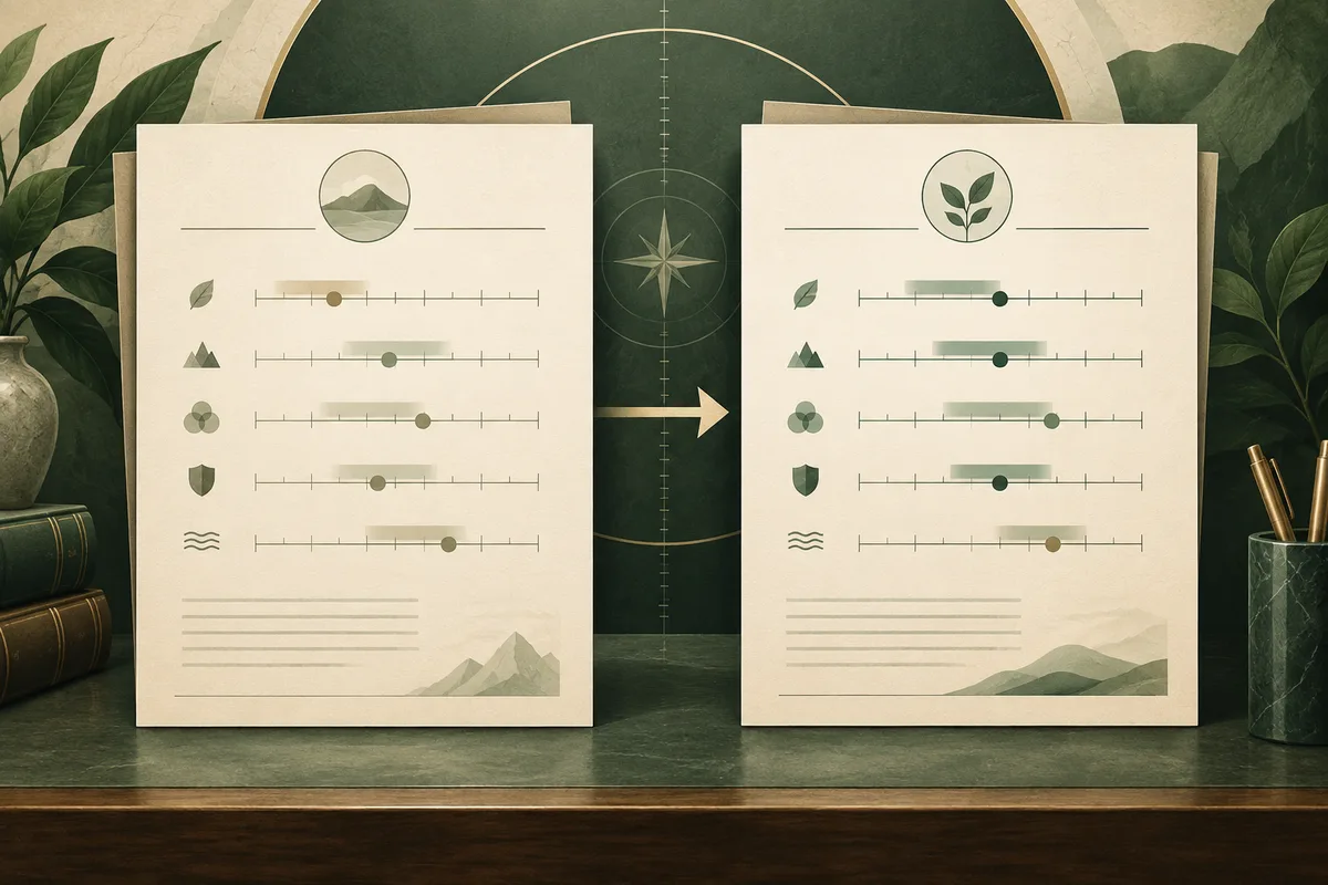 Two cream report pages with horizontal scales and markers sit side by side, joined by a right-pointing arrow. A circular compass-like design and leafy plants appear behind them.