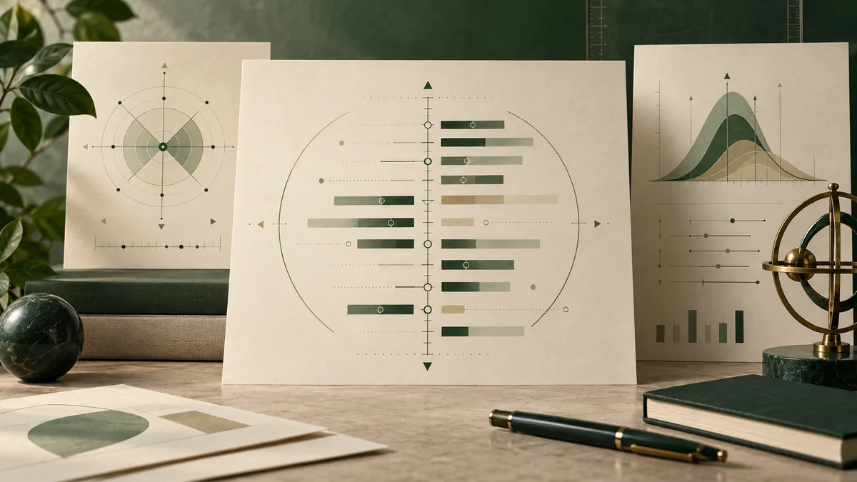 Parchment-colored charts with abstract bars, a circular diagram and overlapping curves sit on a desk with a pen, book, plant and brass instrument.