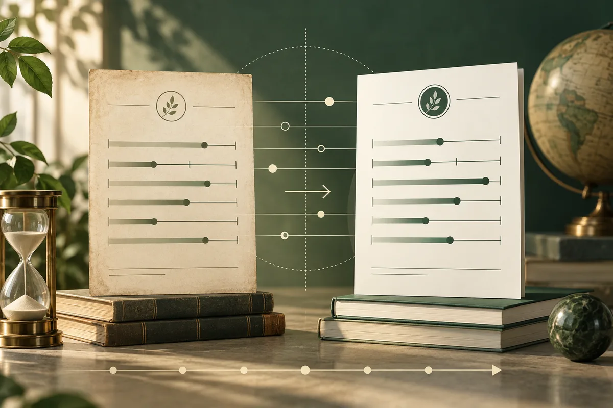 Two report pages with slider scales sit on stacks of books beside an hourglass and globe, against a dark green background.