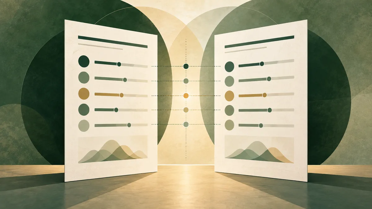Two cream report pages show rows of colored markers and horizontal scales, with small overlapping area charts at the bottom; dotted lines connect matching rows between the pages.