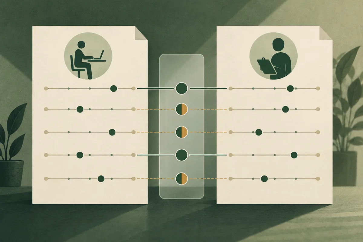 Two report pages with person icons and rows of colored markers are linked by solid and dashed lines through a translucent panel in the center.