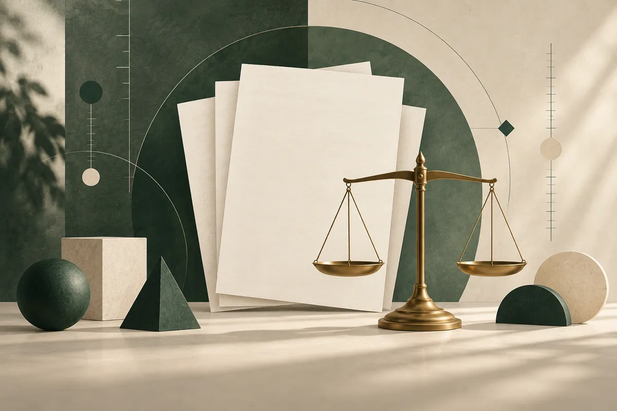 A brass balance scale stands before blank overlapping papers, surrounded by green and cream geometric shapes and fine tick-mark lines.