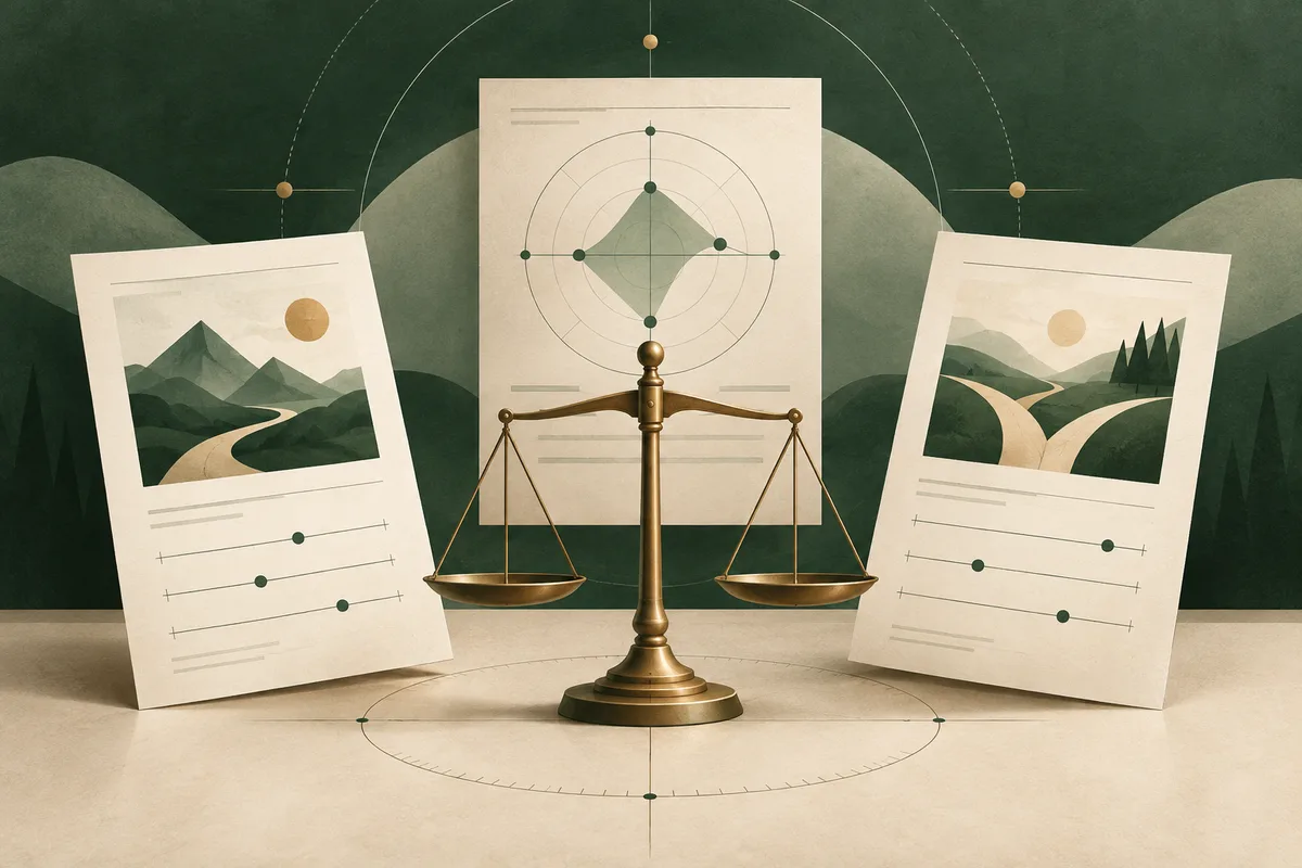 A brass balance scale stands between two report pages with landscape illustrations and slider-like marks; a circular chart is displayed on the page behind it.