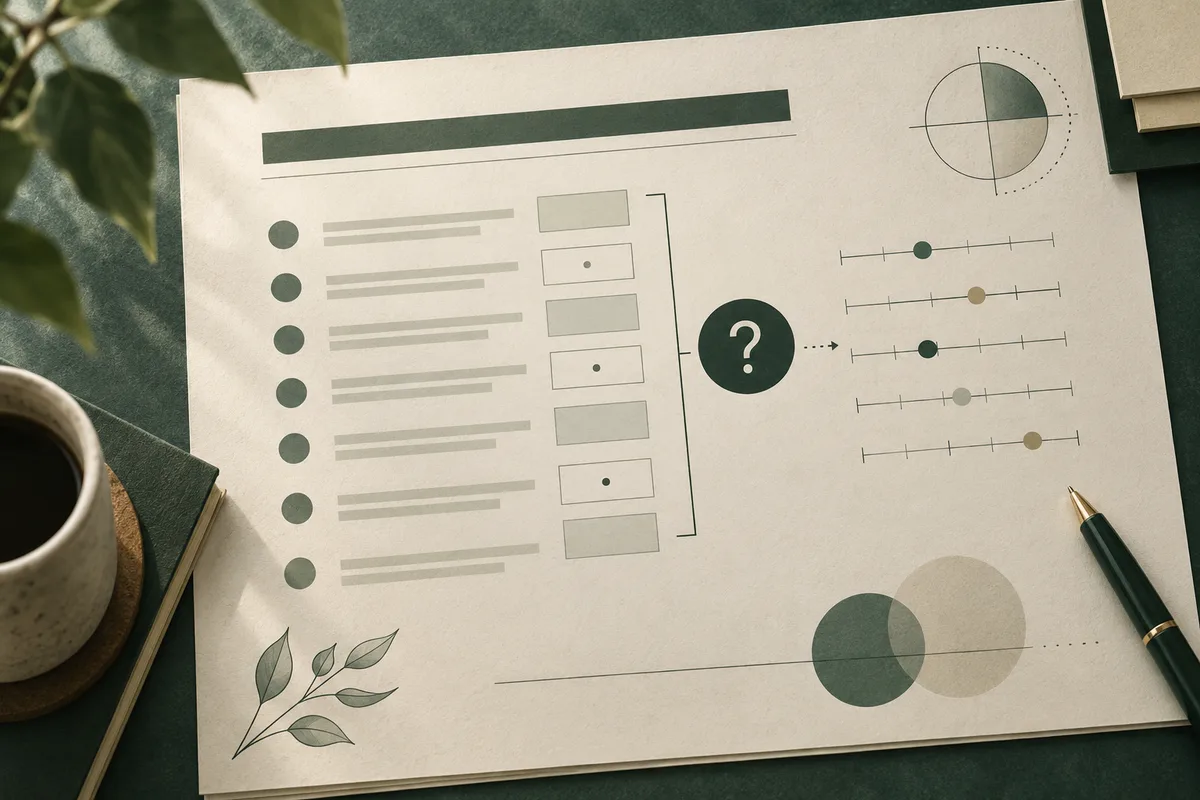 A cream report page with rows of marks, a large question mark, and colored dots on horizontal scales, beside a pen and cup.