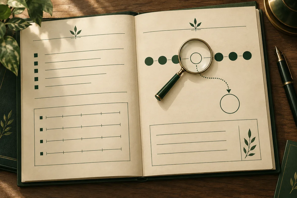 An open cream notebook with green lines and scales; a magnifying glass rests over an empty circle in a row of dots, with a dotted arrow leading to another circle.
