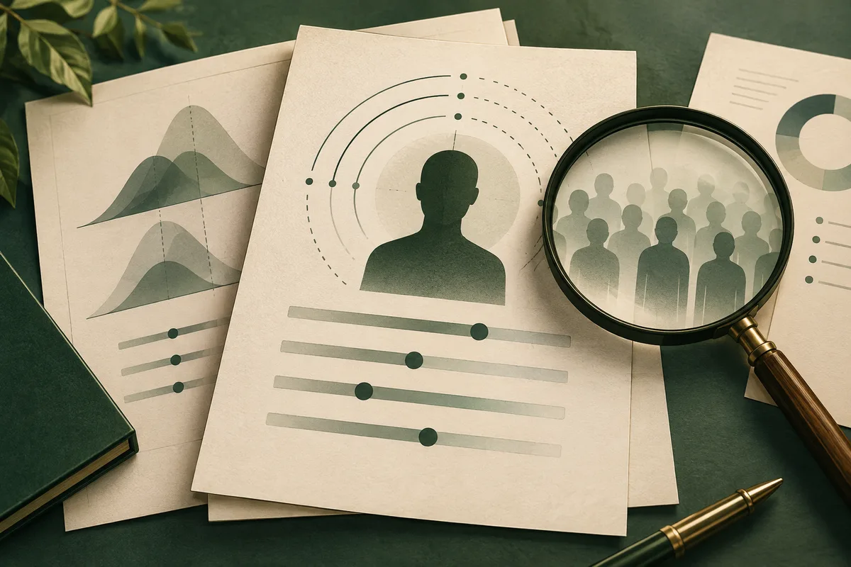 A magnifying glass enlarges a group of silhouettes on a cream report page, beside abstract charts and slider bars.