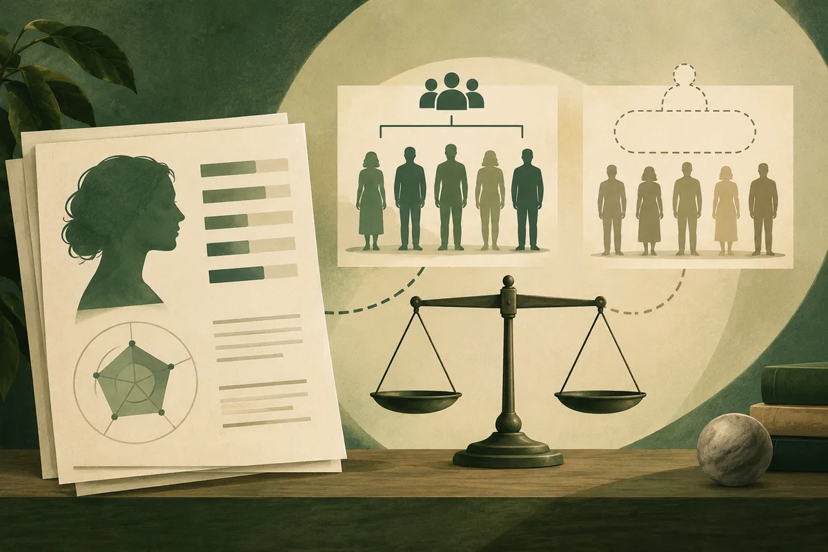 A report page and balance compare two groups, with charts showing how a score may differ across reference groups.