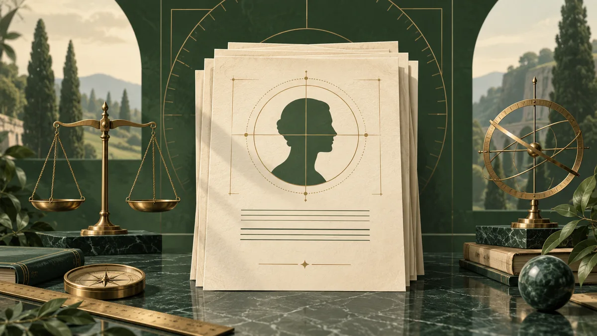 A stack of cream report pages with a silhouetted profile and geometric markings sits between brass balance scales and a circular measuring instrument.