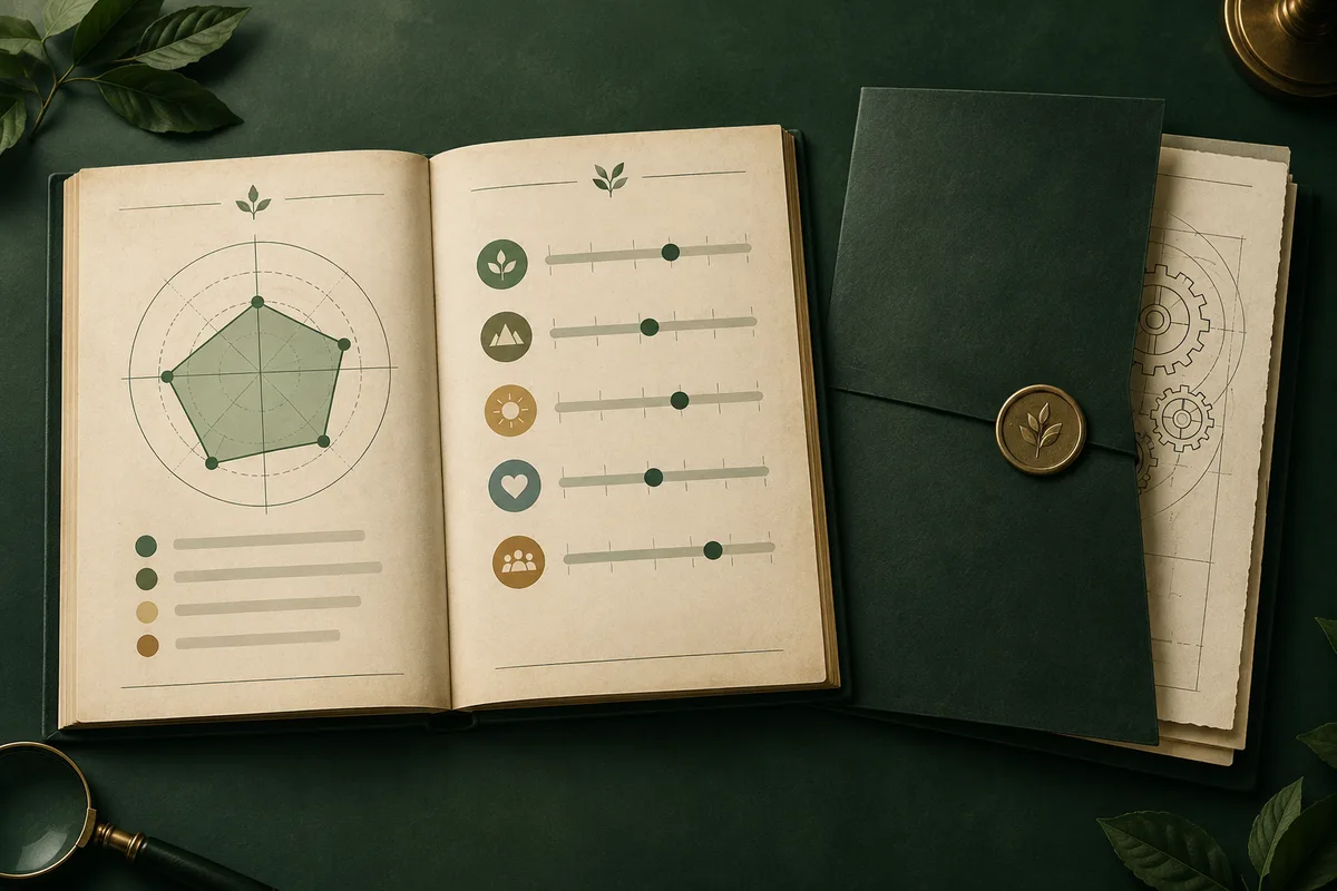 An open cream notebook shows a polygon chart and rows of icon-marked scales, beside a closed dark green folder and loose diagram pages.