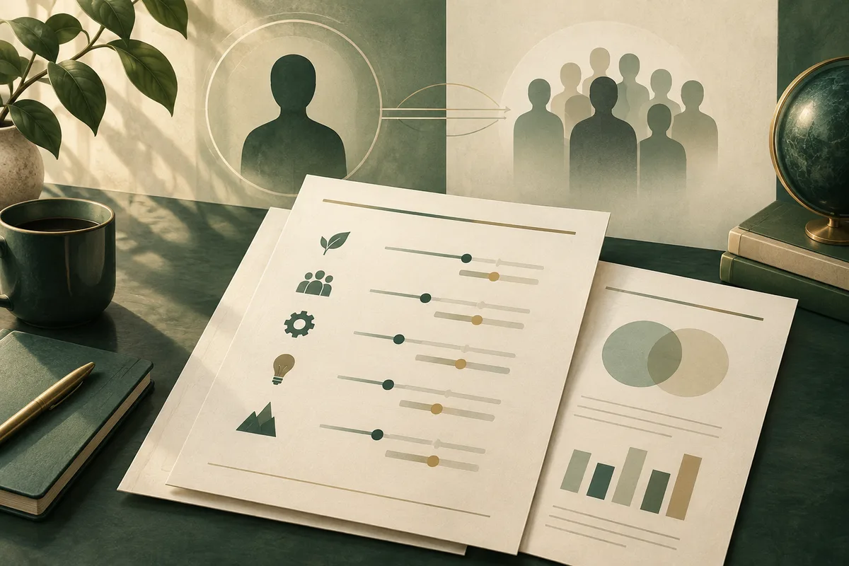 Illustrated desk with overlapping report pages showing sliders, colored bars, and overlapping circles; silhouettes appear behind the pages, with a plant, mug, books, and a globe nearby.