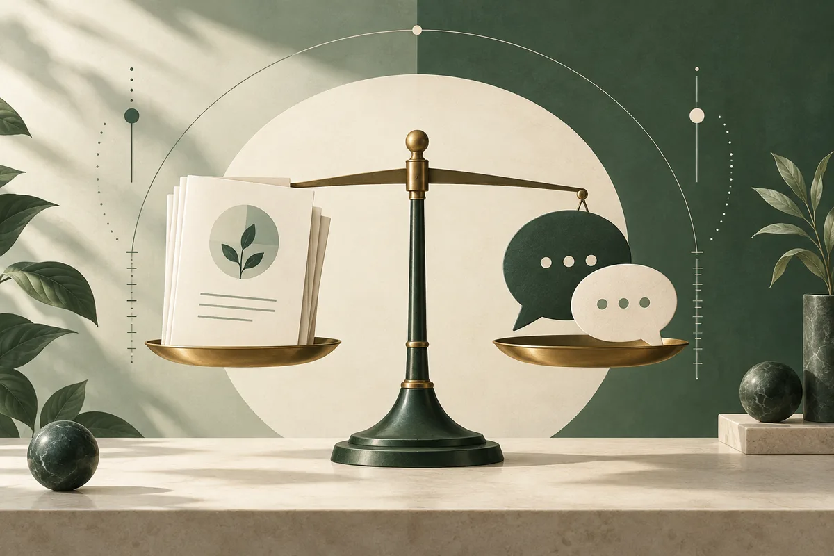 A balance scale holds a stack of report pages on one side and two speech bubbles on the other, against a green and cream backdrop with plants.