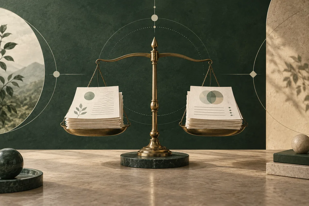 A brass balance scale holds stacks of report pages, with circular diagrams and lines on the paper.