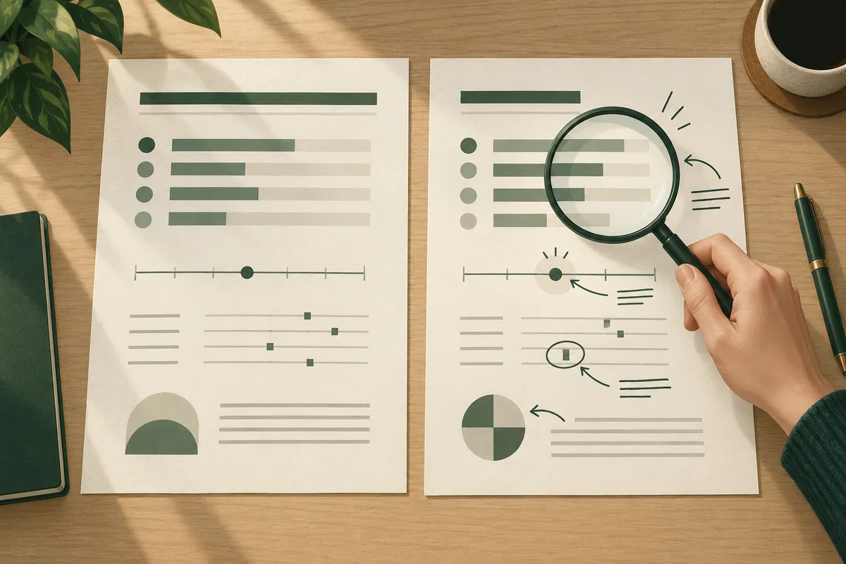 Two sheets with charts and diagrams lie on a desk; a hand holds a magnifying glass over one sheet.