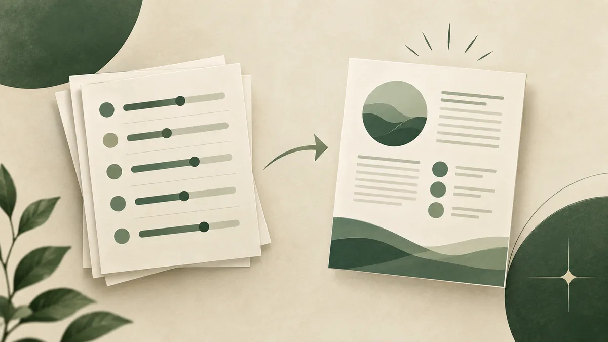 A stack of papers with green slider scales points toward a report page with a circular graphic and rows of lines.