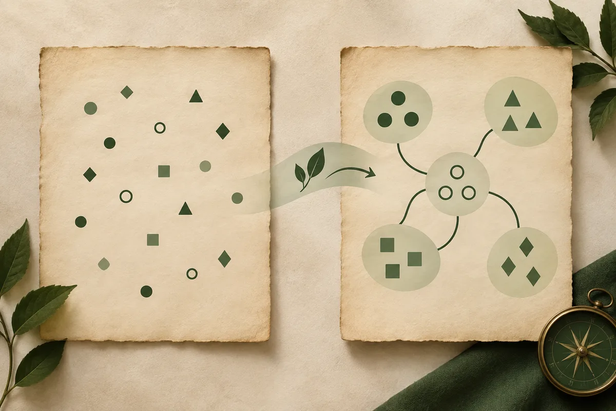 Scattered green geometric shapes on a sheet connect by an arrow to grouped shapes linked around a central circle on another sheet.