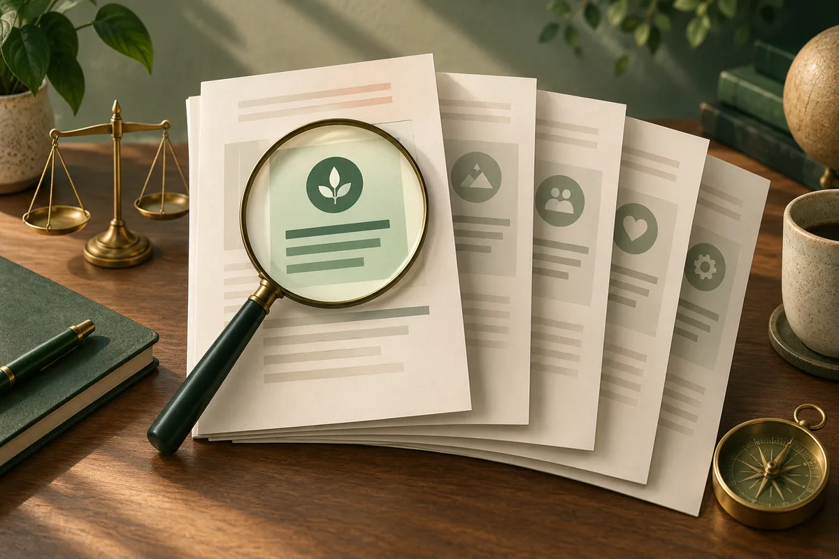 A magnifying glass highlights a leaf symbol on a stack of report pages, with balance scales, a notebook, and a compass on the desk.