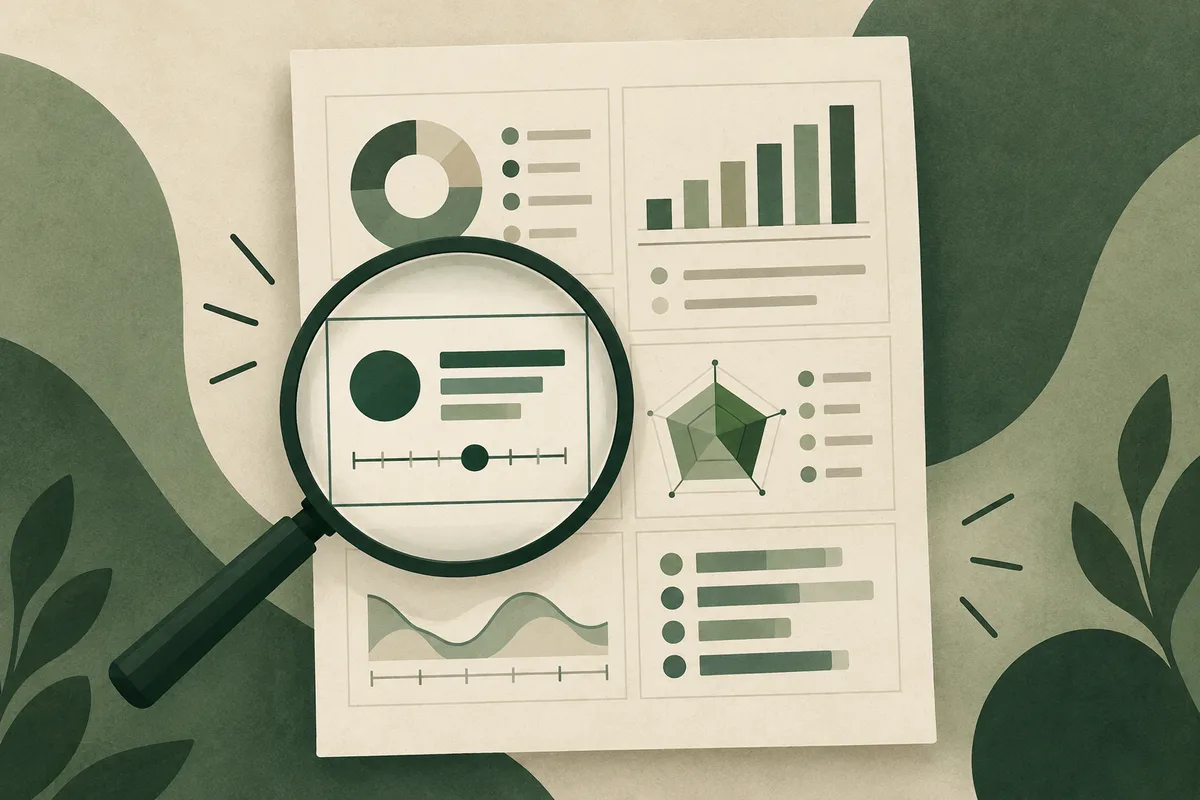 A magnifying glass highlights one section of a report page filled with simple charts, bars, and symbols.