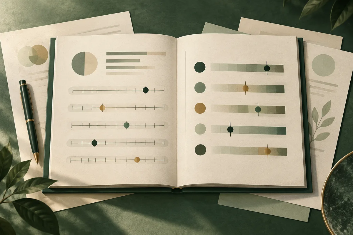 Open green-covered booklet displaying abstract circles, horizontal bars, and several tick-marked scale lines with colored markers, surrounded by papers, leaves, and a pen.