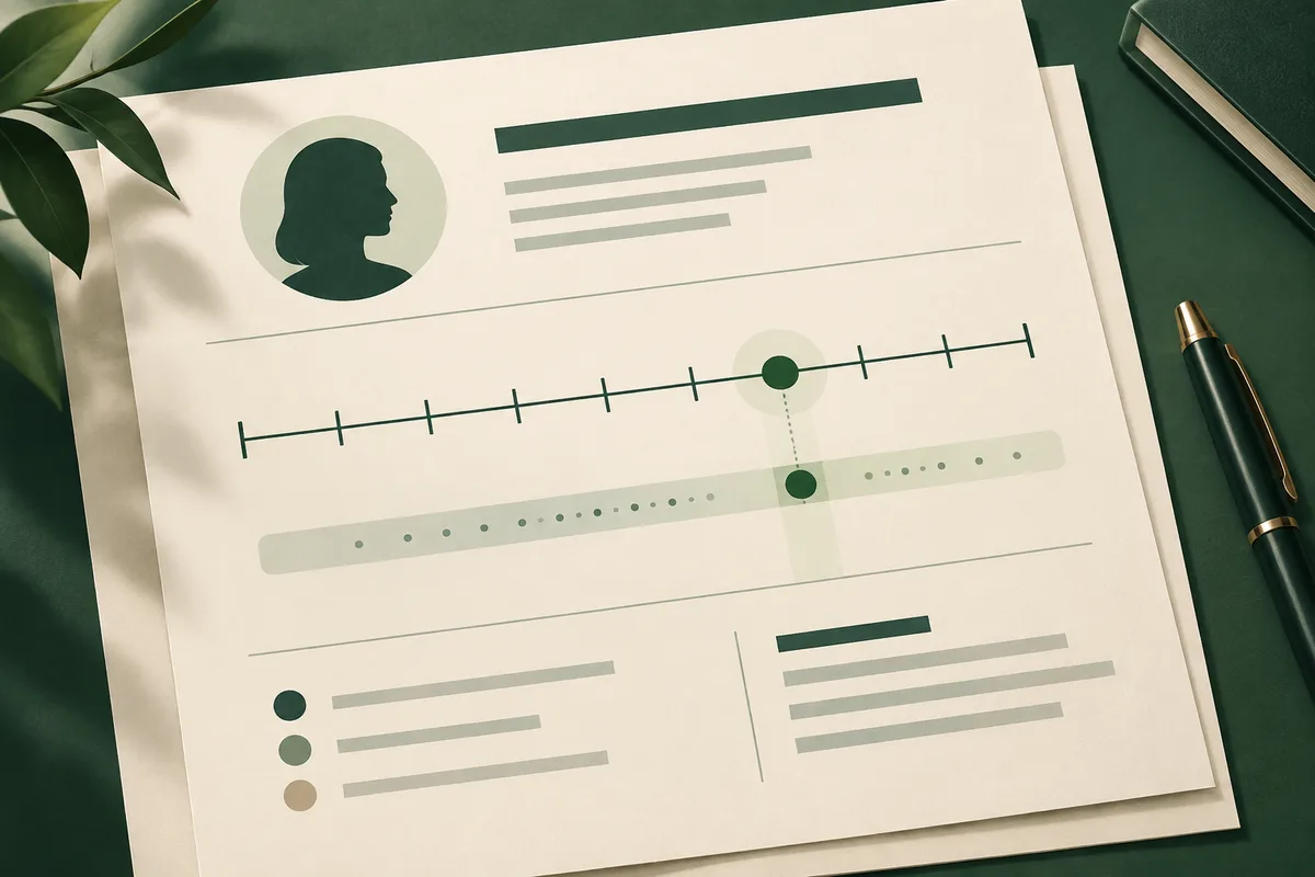 Cream report page with a dark profile-shaped silhouette, horizontal bars, a long scale with a highlighted marker, and a second row of small dots connected beneath it.