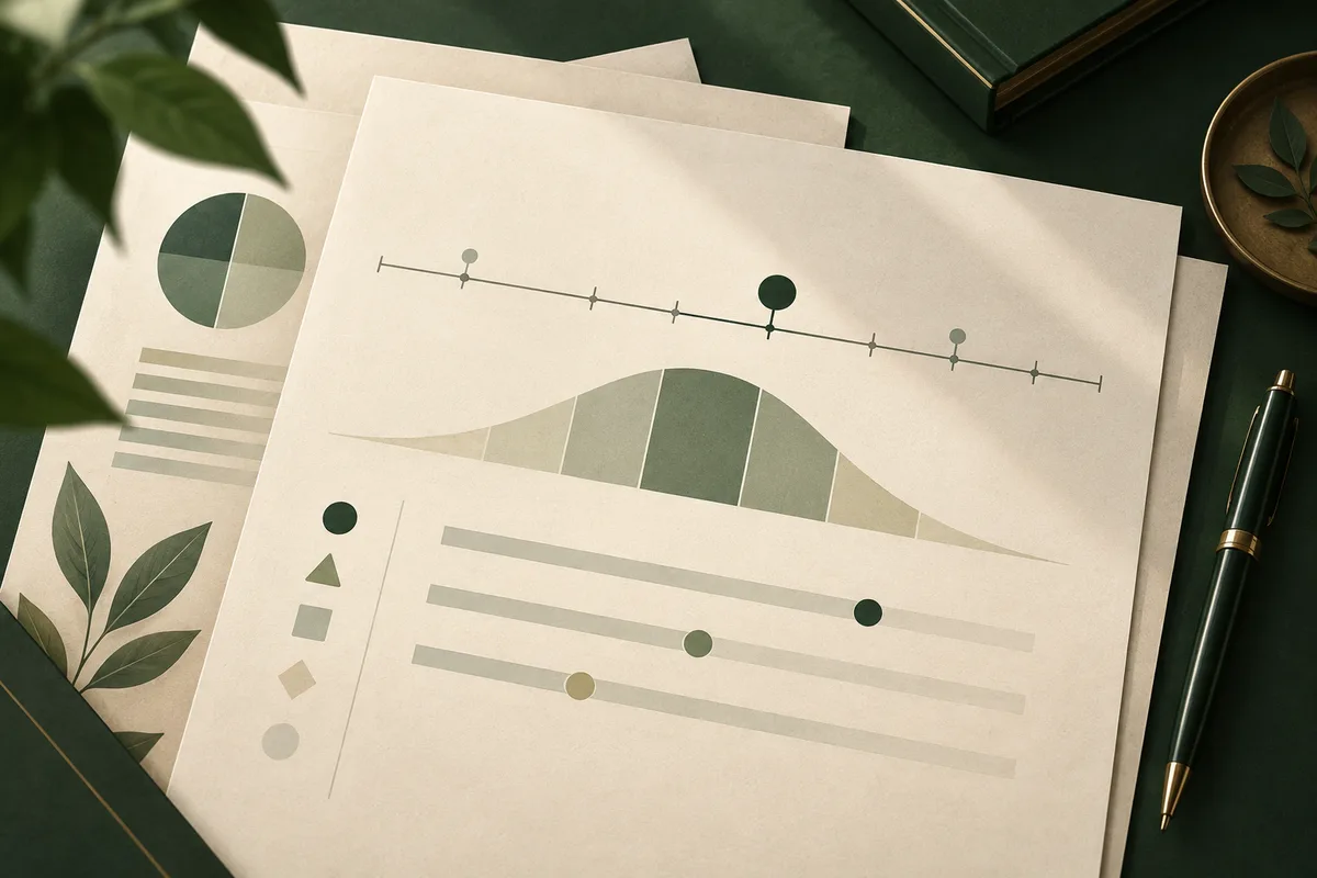 Cream report page showing a horizontal scale above a broad curved shaded shape, with three horizontal bars and colored circular markers below.