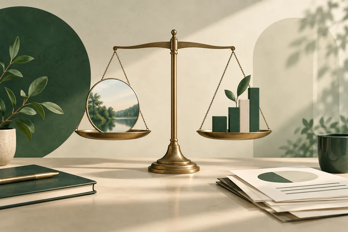 A brass balance scale holds a circular landscape scene on one pan and green and cream bars on the other, with leaves, books, and papers on a desk.