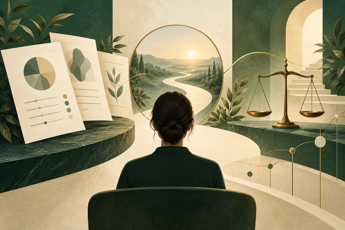 A seated figure faces a winding path through a landscape, with illustrated report pages and a balance scale nearby.