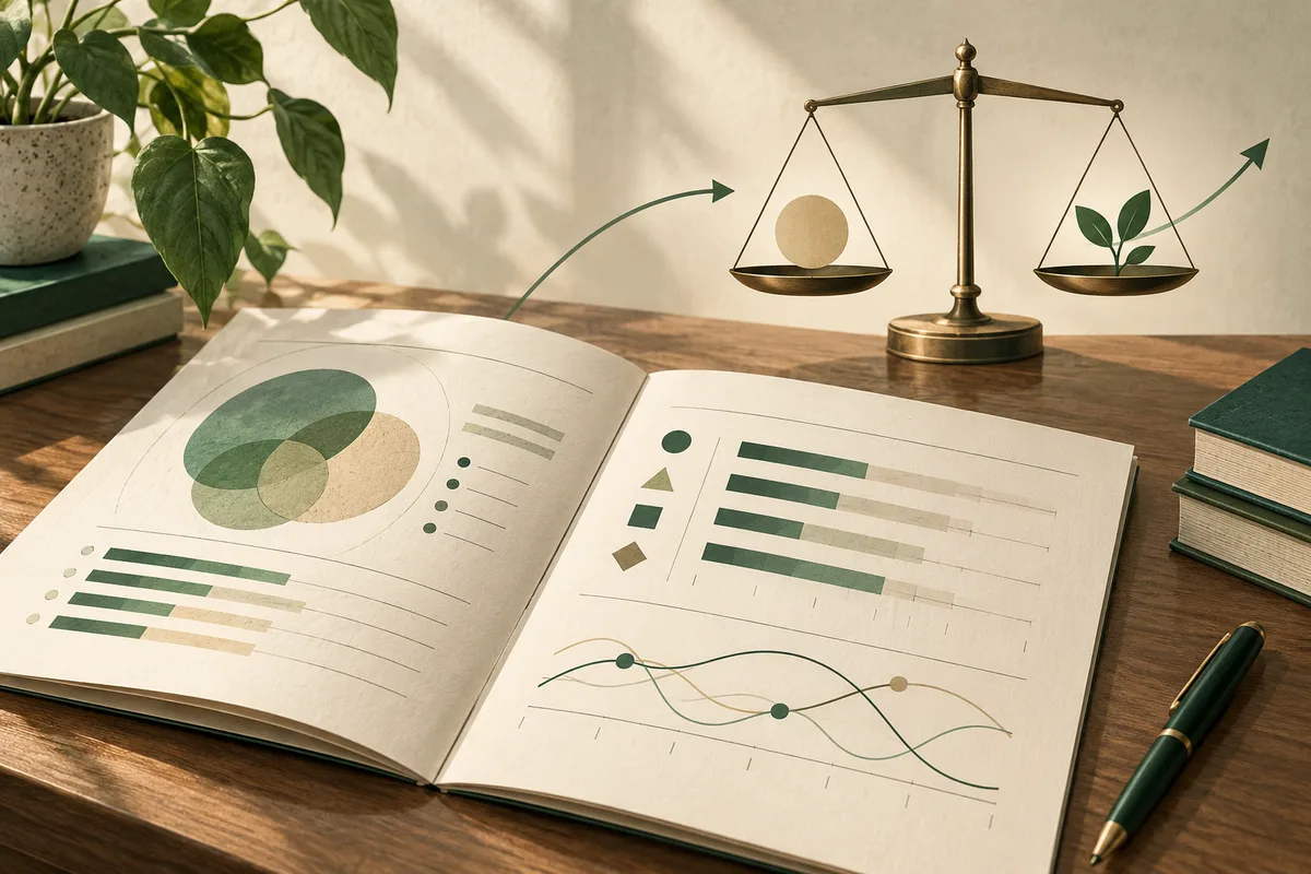 An open report book displays colored charts and line graphs beside a balance scale with a circle and a sprout on its pans.