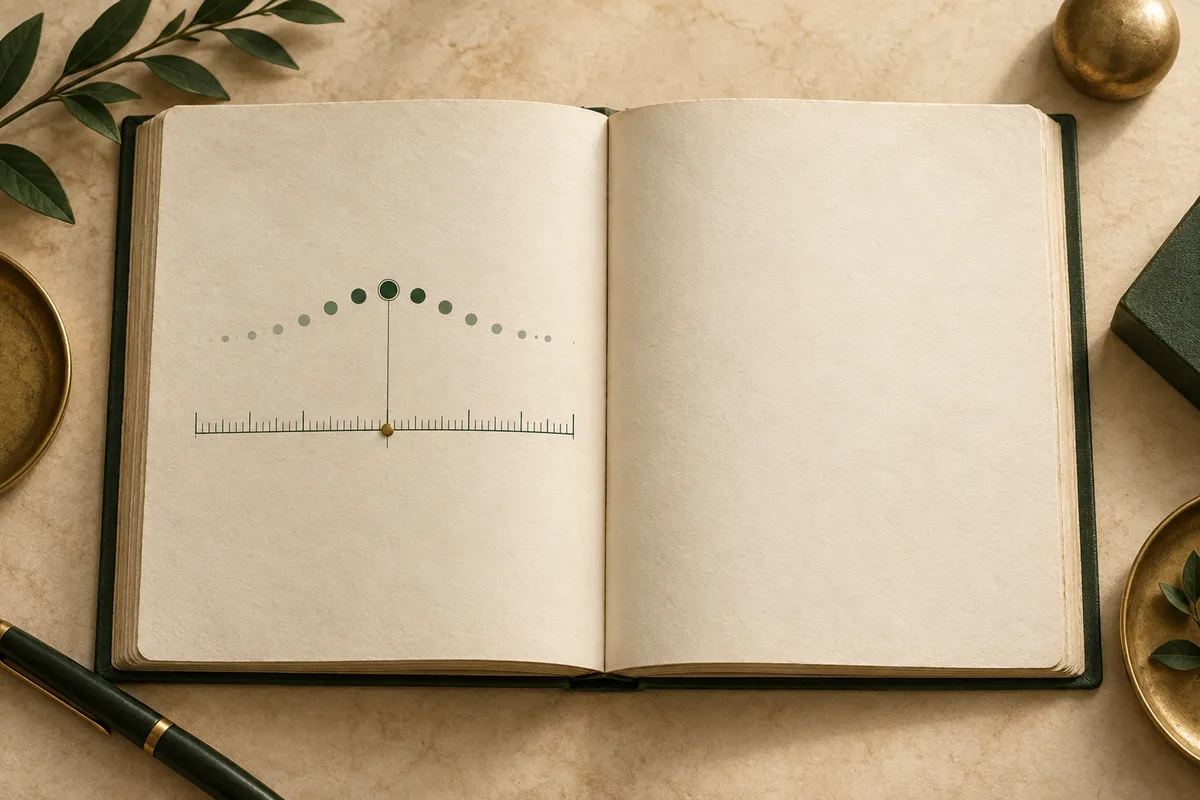 An open book on a desk shows a curved row of dots above a ruler-like scale, with a central marker; a pen, leaves, and a gold sphere surround it.