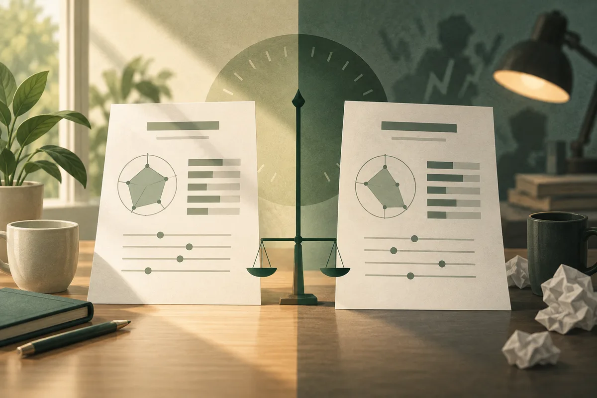 Two report sheets with charts and sliders flank a balance scale on a desk, with a bright window and plant on one side and a lamp and dark mug on the other.