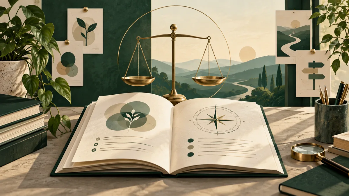 An open book with abstract diagrams and a compass sits beneath a balance scale, with a green landscape, plants, books, and a magnifying glass around it.
