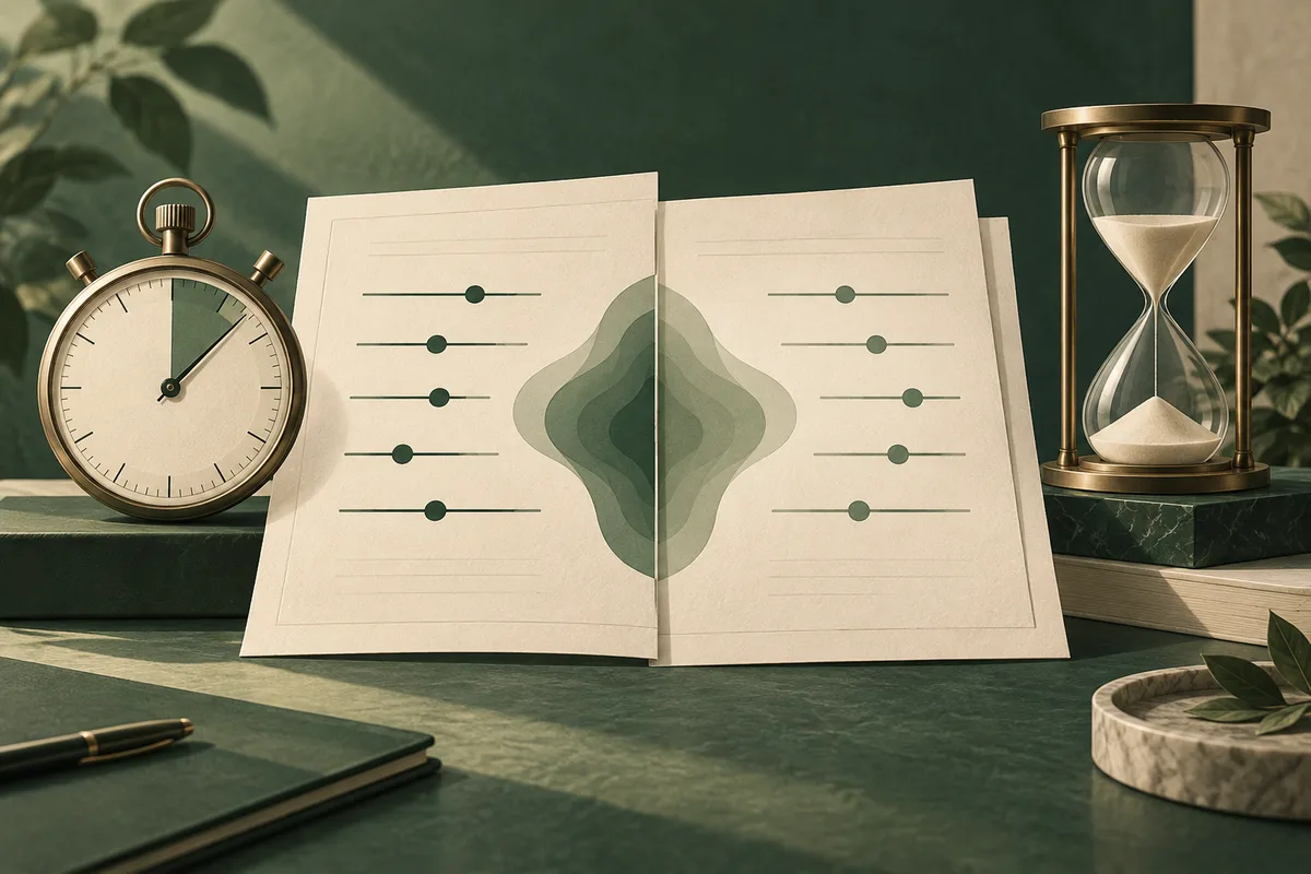 Two open pages show rows of slider scales around a layered green shape, with a stopwatch on the left and an hourglass on the right.
