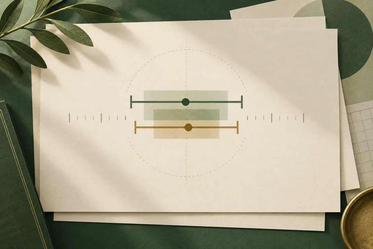 Two overlapping horizontal ranges with center dots and tick marks on layered cream paper, beside green leaves and a dark notebook.