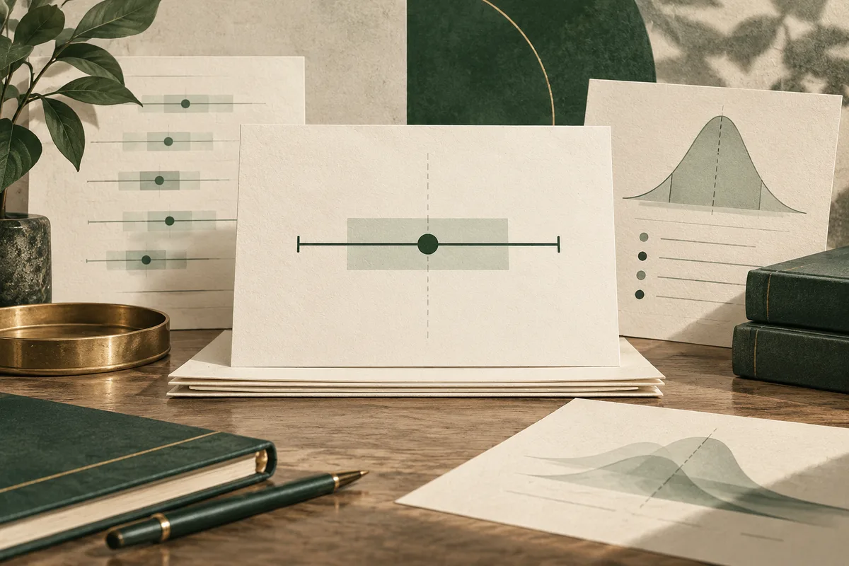 Cream paper charts show green dots, shaded bands, a central dot with a horizontal line, and a bell-shaped curve on a wooden desk beside books, a pen, and a potted plant.