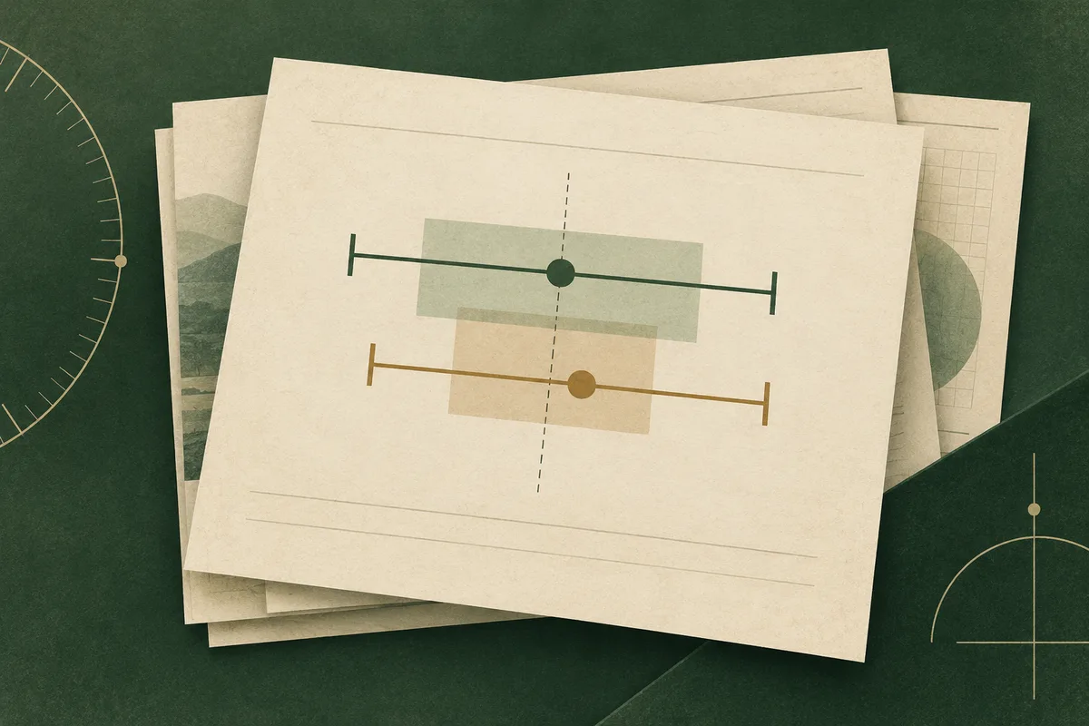 Two horizontal score ranges with circular markers and shaded bands sit on overlapping cream report pages against a dark green background.