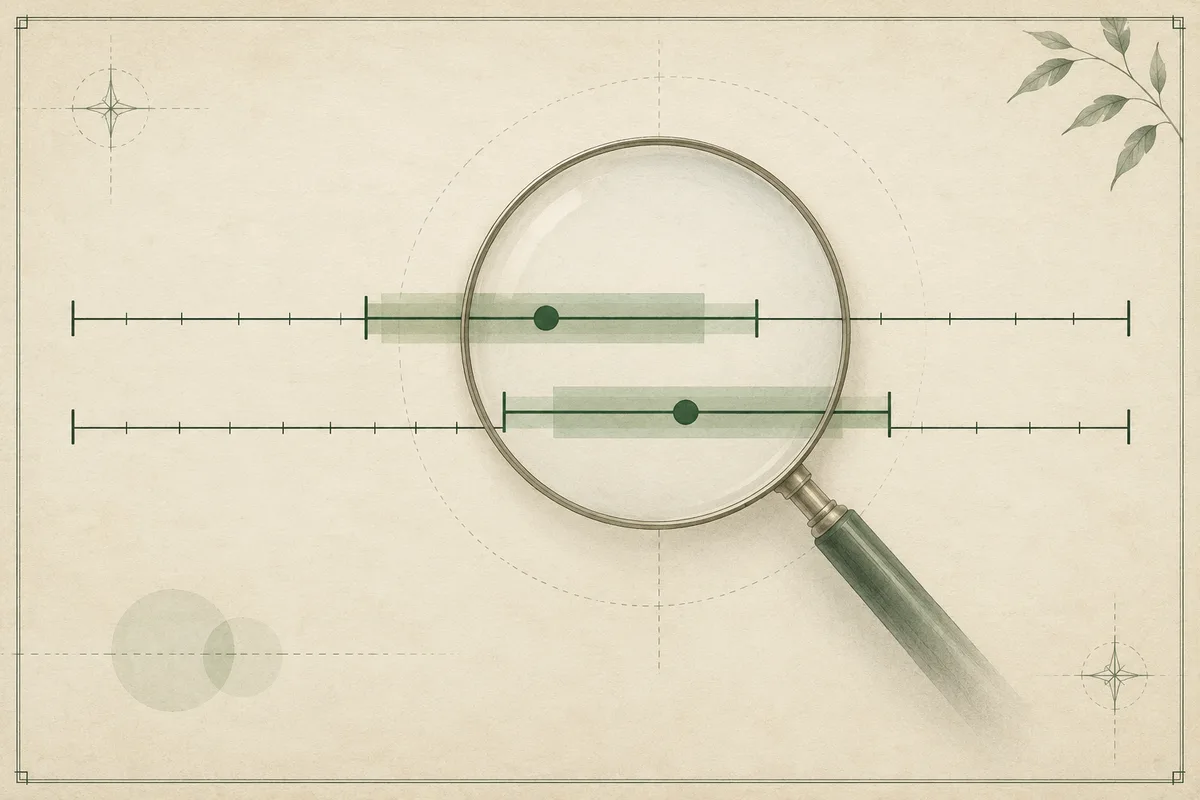 A magnifying glass enlarges two horizontal score ranges with green markers and shaded bands on a cream background.