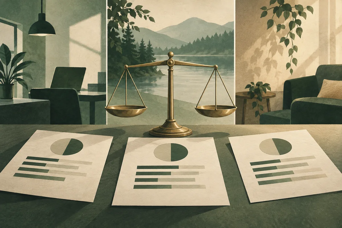 A balance scale stands before a lake and forest, with three report pages showing circular charts and horizontal bars on a table; an office and a sitting area frame the scene.