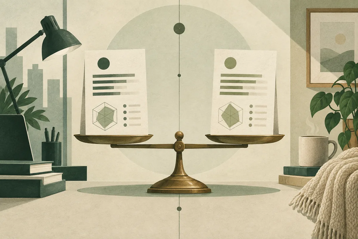 Two report pages with charts sit on opposite sides of a balance scale, with a desk lamp, books, and plants around them.