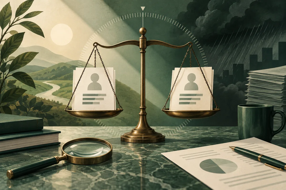 A balance scale holds two profile sheets, with a magnifying glass and report pages on a desk; a green landscape and a dark city skyline fill the background.