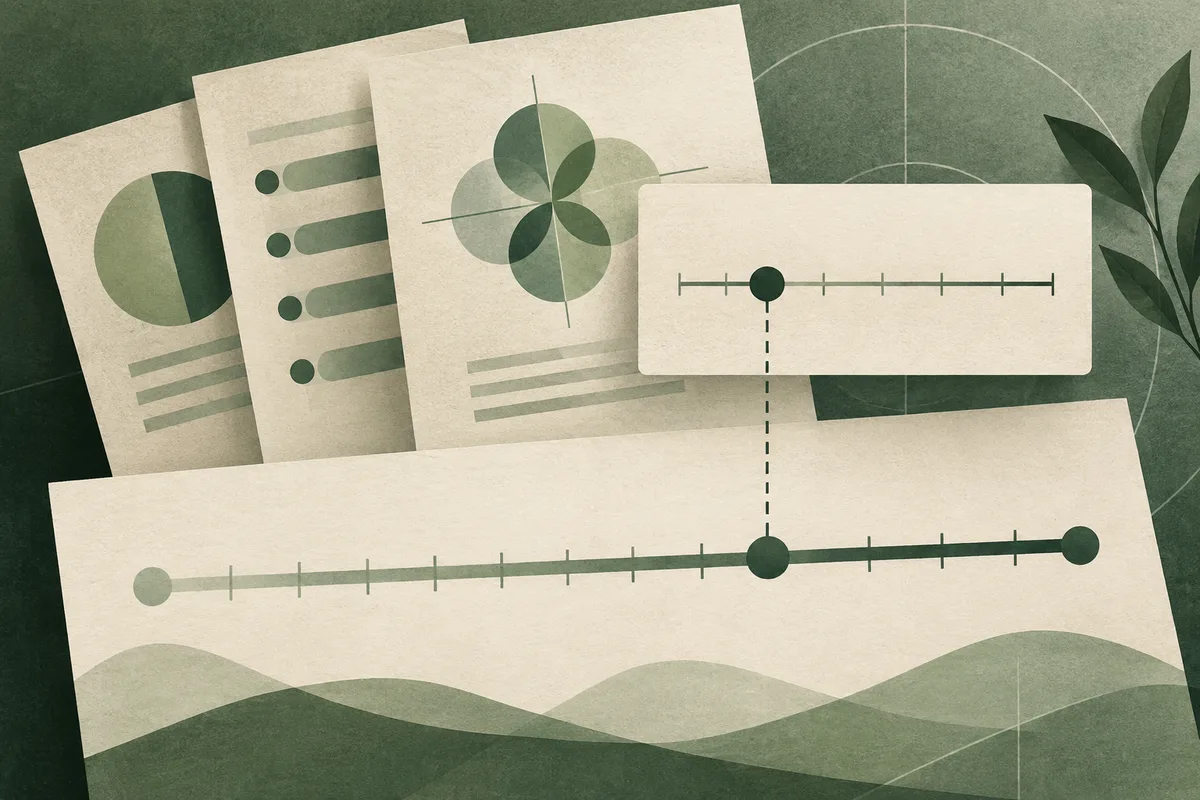 Cream report sheets with abstract charts and measurement scales overlap against a dark green background, with plant leaves at the right.